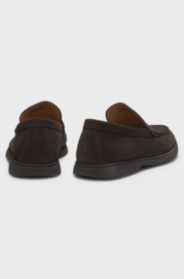 Suede loafers with logo penny trim, Dark Brown