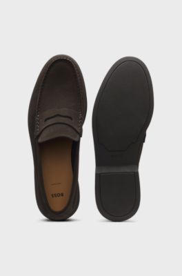 Suede loafers with logo penny trim, Dark Brown