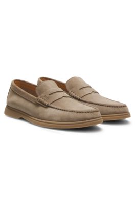 Suede loafers with logo penny trim, Beige