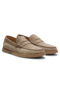 Suede loafers with logo penny trim, Beige