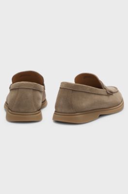Suede loafers with logo penny trim, Beige