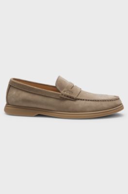 Suede loafers with logo penny trim, Beige