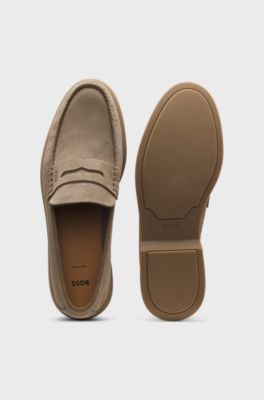 Suede loafers with logo penny trim, Beige