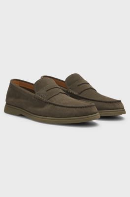 Suede loafers with logo penny trim, Olive