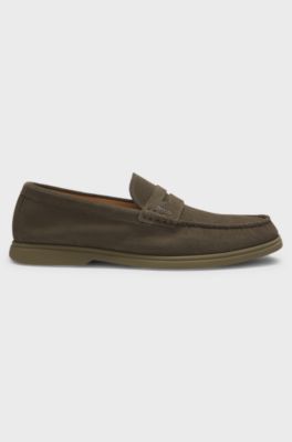 Suede loafers with logo penny trim, Olive
