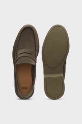 Suede loafers with logo penny trim, Olive