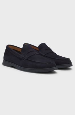 Suede loafers with logo penny trim, Dark Blue
