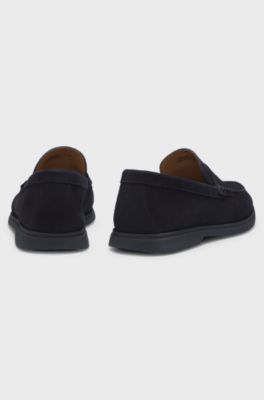 Loafer aus Veloursleder mit Pennyloafer-Besatz und Logo, Dunkelblau