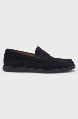 Loafer aus Veloursleder mit Pennyloafer-Besatz und Logo, Dunkelblau