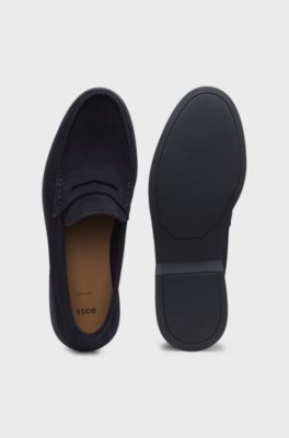 Loafer aus Veloursleder mit Pennyloafer-Besatz und Logo, Dunkelblau