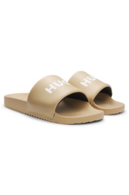 Slides with padded strap and contrast logo, Beige