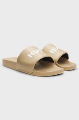 Slides with padded strap and contrast logo, Beige