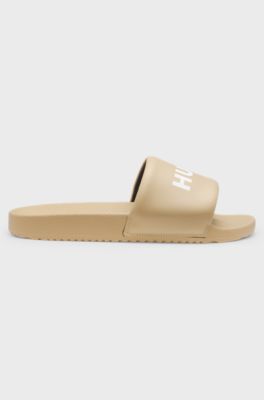 Sandali slider con fascia imbottita e logo a contrasto, Beige