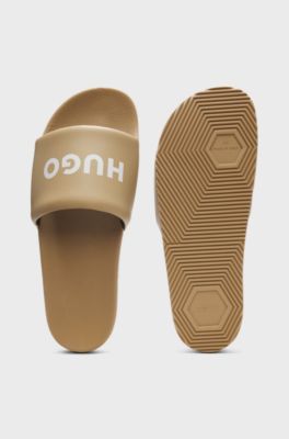 Slides with padded strap and contrast logo, Beige