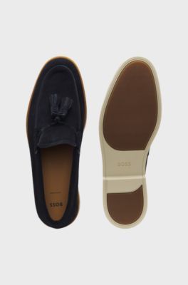 Mocassini in pelle scamosciata con nappine, Blu scuro