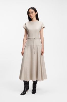 Belted maxi dress in melange flannel, Natural