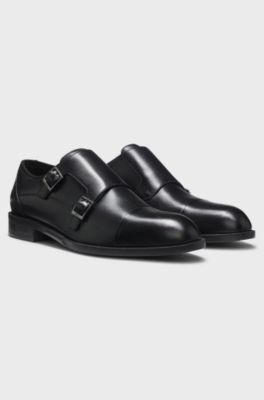 Leather monk shoes with double strap, Black