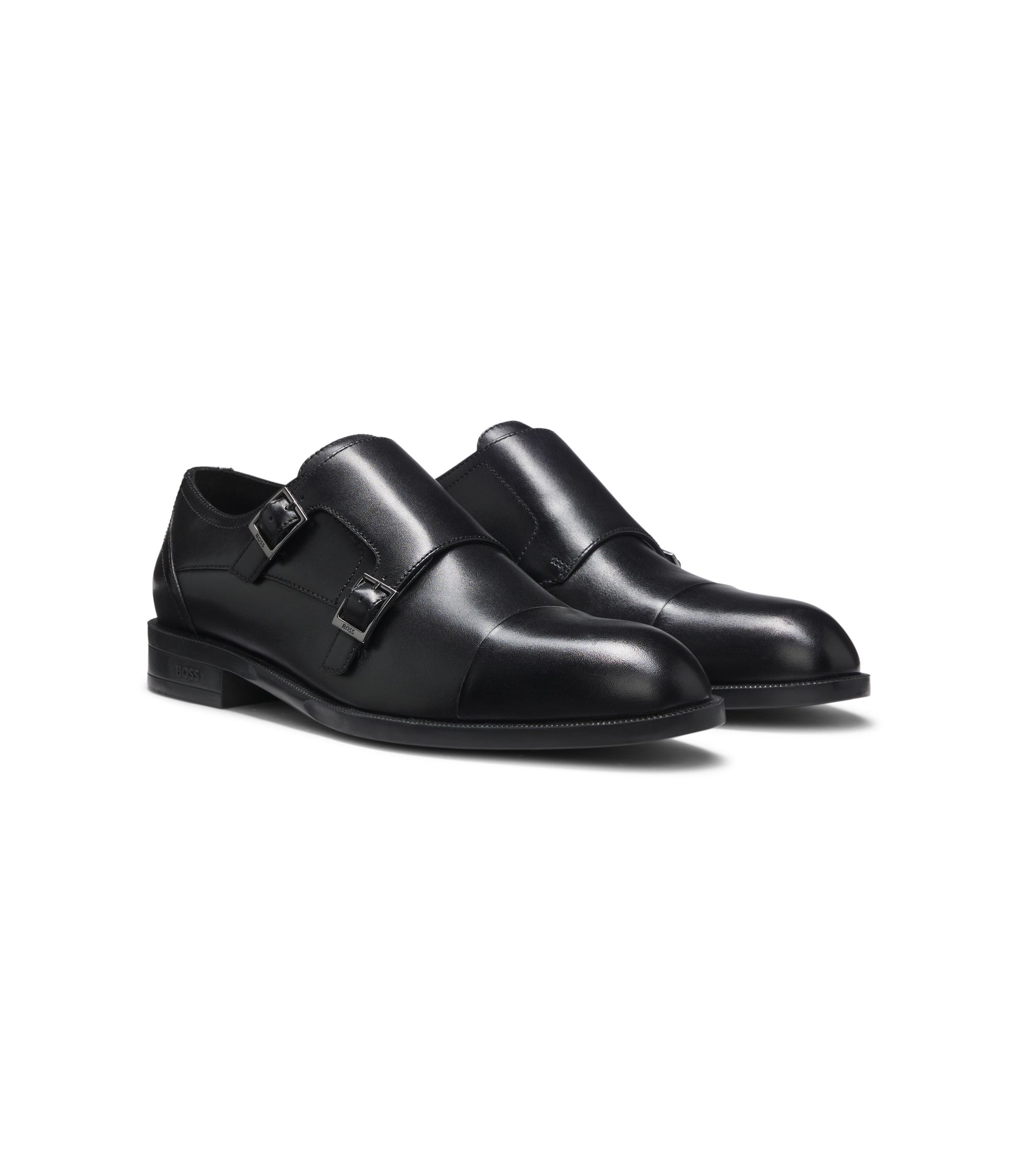 HUGO BOSS ダブルモンク　シューズ BOSS - レザー モンクシューズ ダブルストラップ - ブラック