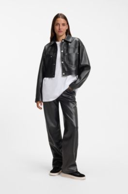 Pantaloni relaxed fit in similpelle con tasche applicate, Nero