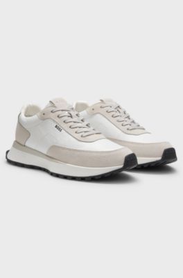 Leather trainers with side-panel logo, Natural