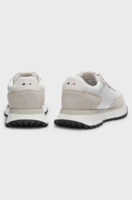 Leather trainers with side-panel logo, Natural