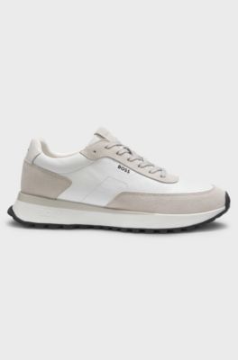 Leather trainers with side-panel logo, Natural