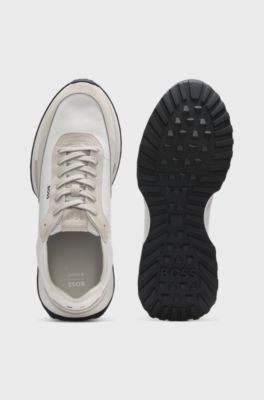 Leather trainers with side-panel logo, Natural