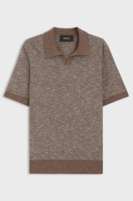Johnny-collar polo sweater in wool, silk and cotton, Brown