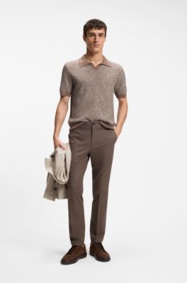 Johnny-collar polo sweater in wool, silk and cotton, Brown