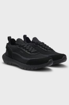 Lace-up suede trainers with a knit sock, Black