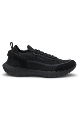 Lace-up suede trainers with a knit sock, Black