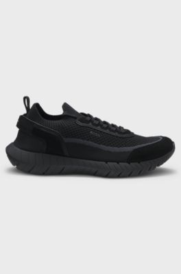 Lace-up suede trainers with a knit sock, Black