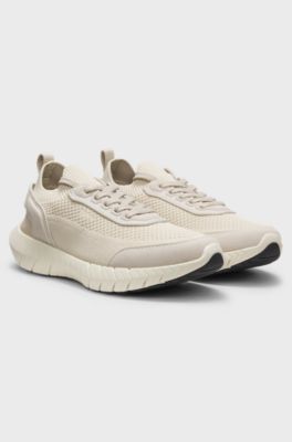 Lace-up suede trainers with a knit sock, Light Beige