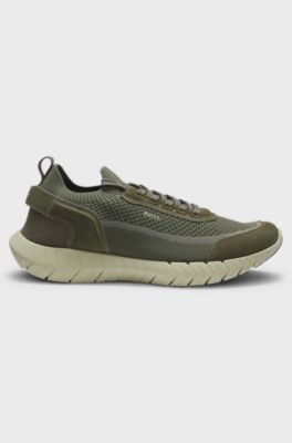 Lace-up suede trainers with a knit sock, Dark Green