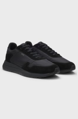 Sneakers stringate in tessuto leggero con rifiniture in pelle scamosciata, Nero