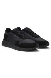 Lace-up trainers in lightweight fabric with suede trims, Black