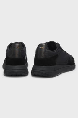 Lace-up trainers in lightweight fabric with suede trims, Black