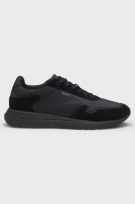 Sneakers stringate in tessuto leggero con rifiniture in pelle scamosciata, Nero