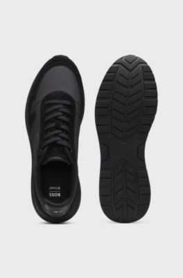 Lace-up trainers in lightweight fabric with suede trims, Black