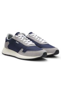 Lace-up trainers in lightweight fabric with suede trims, Blue / Grey