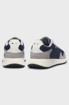 Lace-up trainers in lightweight fabric with suede trims, Blue / Grey