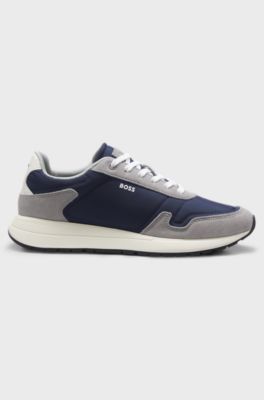 Lace-up trainers in lightweight fabric with suede trims, Blue / Grey
