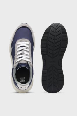 Lace-up trainers in lightweight fabric with suede trims, Blue / Grey
