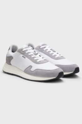 Lace-up trainers in lightweight fabric with suede trims, White