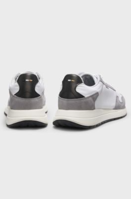 Lace-up trainers in lightweight fabric with suede trims, Natural