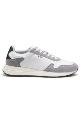 Lace-up trainers in lightweight fabric with suede trims, Natural