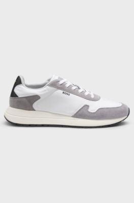 Lace-up trainers in lightweight fabric with suede trims, Natural