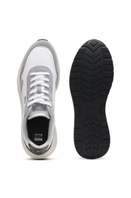 Lace-up trainers in lightweight fabric with suede trims, Natural