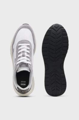 Lace-up trainers in lightweight fabric with suede trims, White