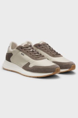 Lace-up trainers in lightweight fabric with suede trims, Light Beige